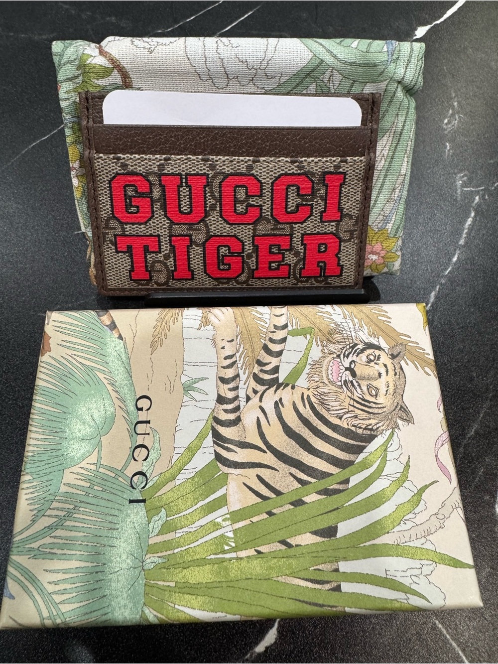 Gucci Brown Monogram Card Holder with Red 'GUCCI TIGER'